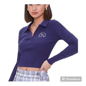 Rib Fitted F21 Beverly Hills Graphic Long Sleeve Crop Top